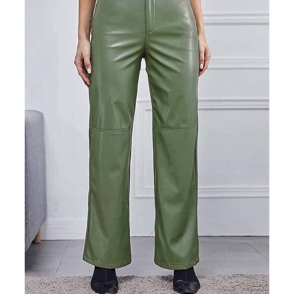 Green Wide Leg Leather Pants